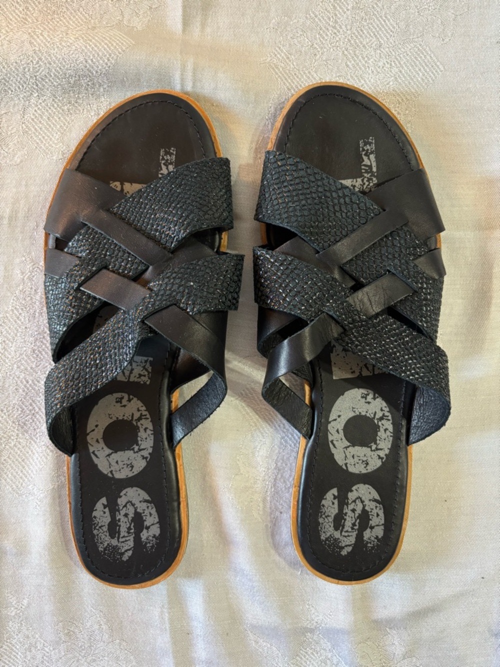 Sorel Black Textured Leather Slide Sandals